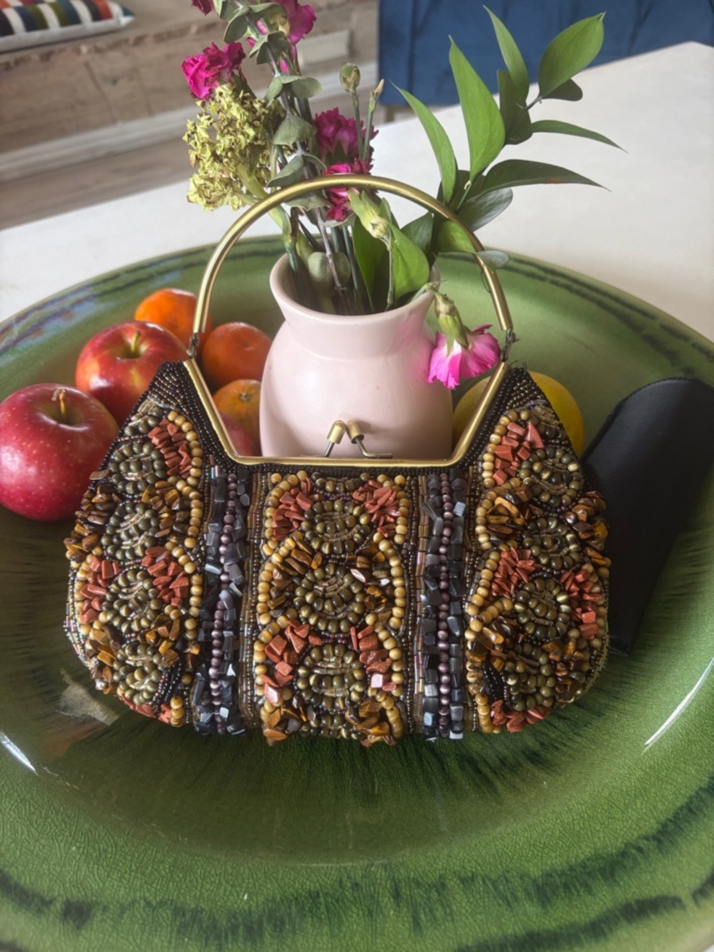 Beaded Mosaic Evening Bag with Gold Handle - Multicolor
